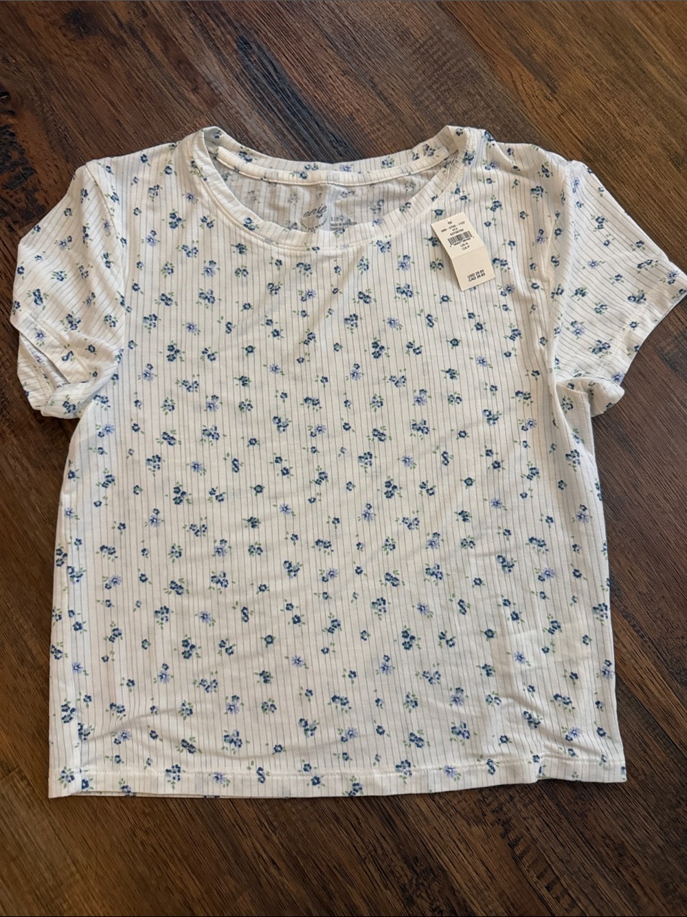 Aerie White Ribbed baby Tee with Small Blue Floral Print